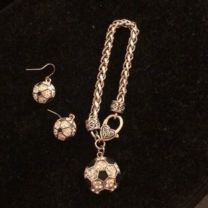 Silvertone Soccer ball dangle earrings and bracelet. Bracelet is “7.5-8”.